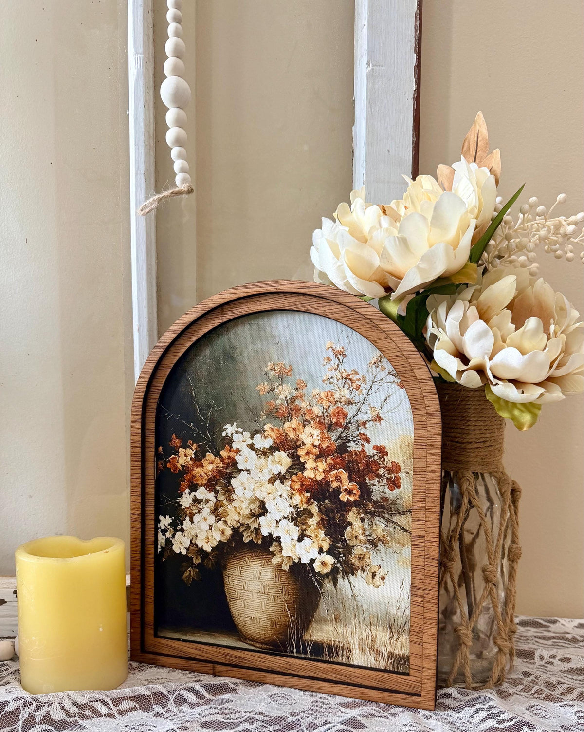 Autumn arched frame table top decor, Fall floral home accent, Autumn botanical canvas art