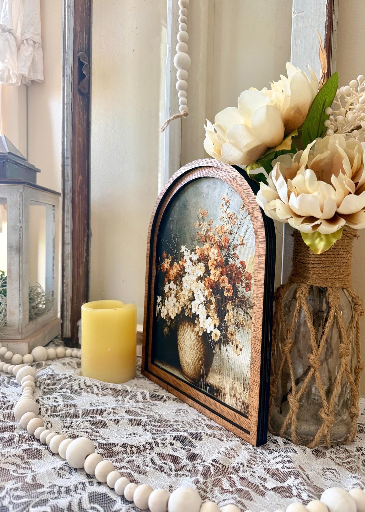 Autumn arched frame table top decor, Fall floral home accent, Autumn botanical canvas art