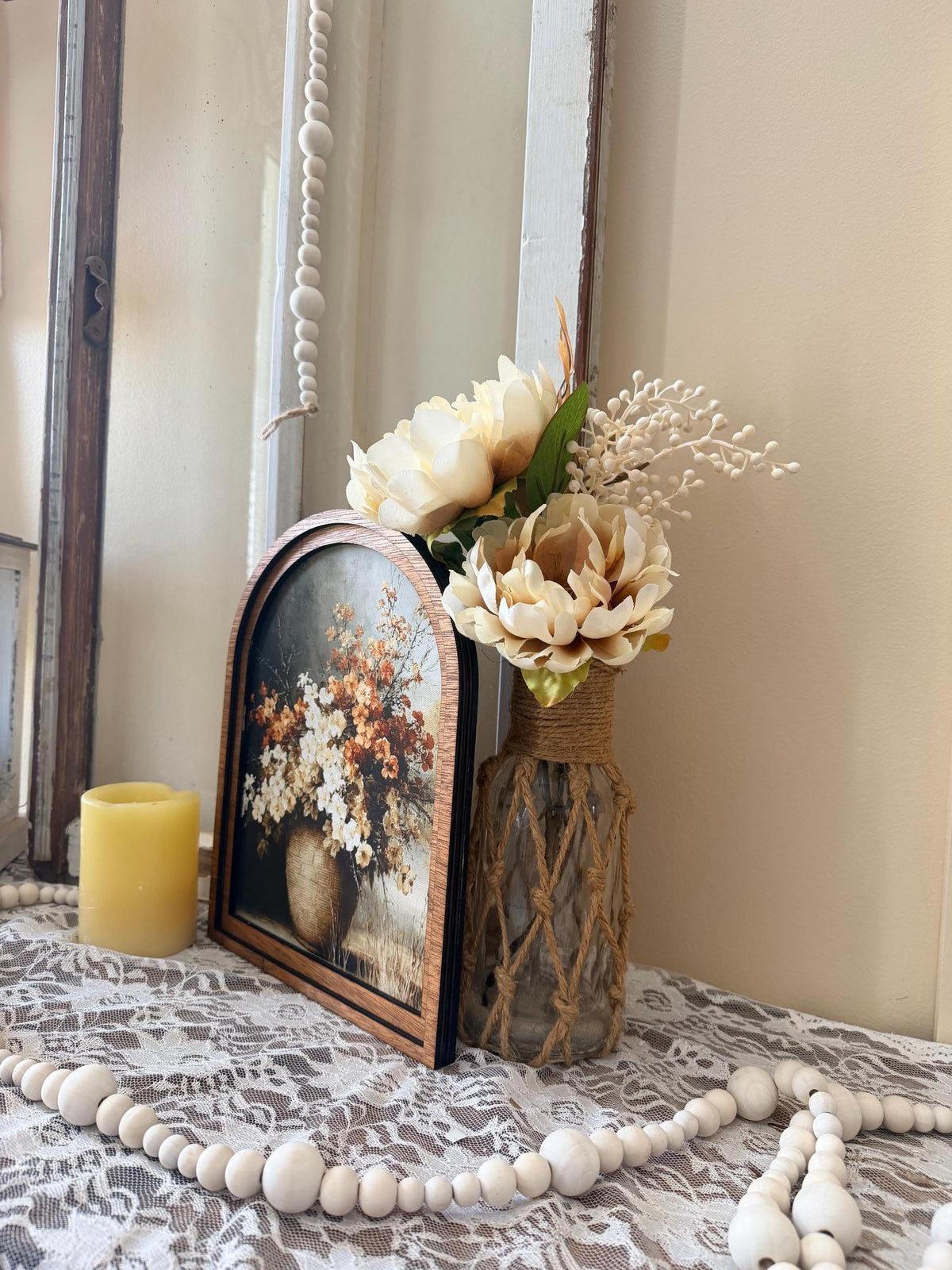 Autumn arched frame table top decor, Fall floral home accent, Autumn botanical canvas art
