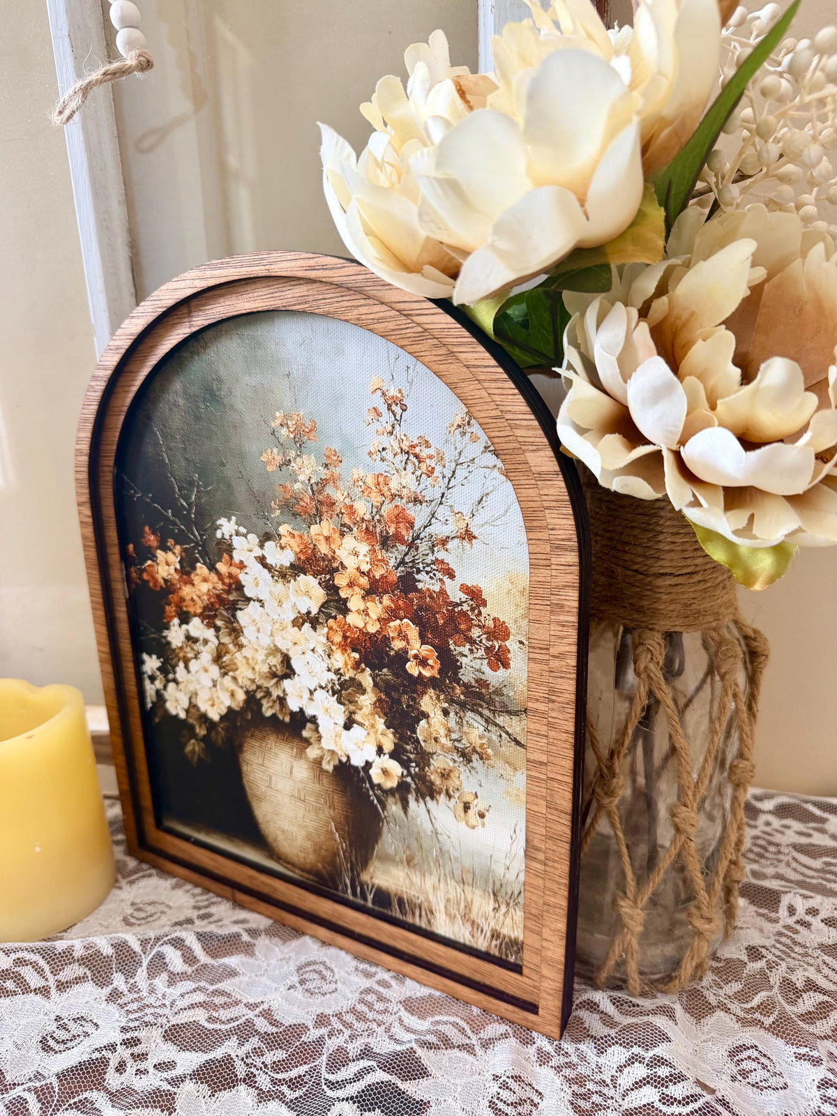 Autumn arched frame table top decor, Fall floral home accent, Autumn botanical canvas art