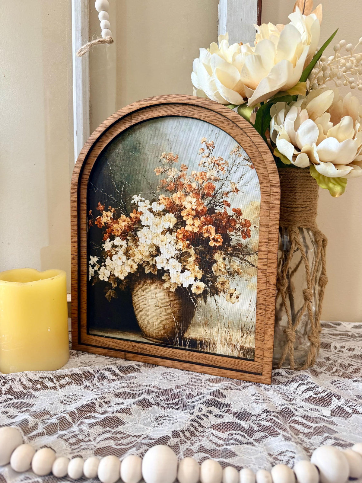 Autumn arched frame table top decor, Fall floral home accent, Autumn botanical canvas art
