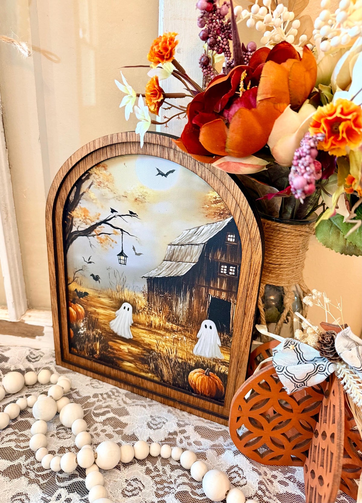 Rustic Halloween Wood Framed Arch Ghost Mini Sign - Spooky Cute Table Top Fall Decor