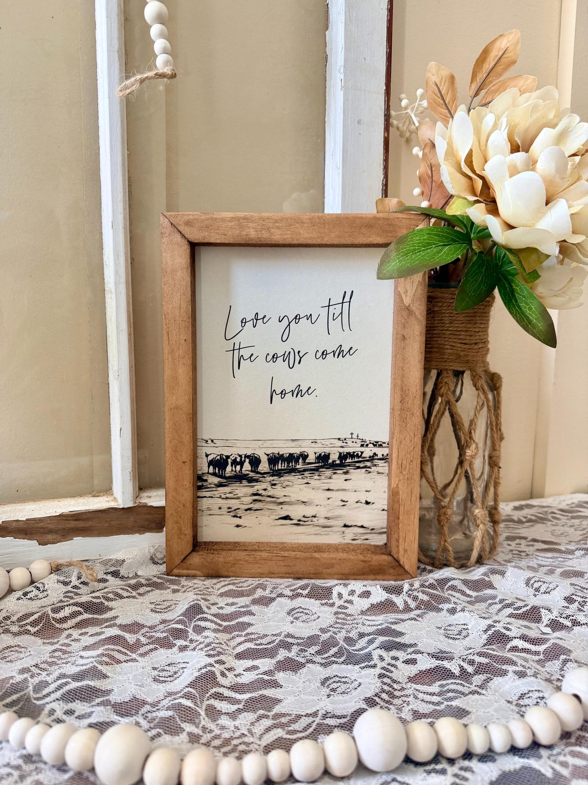 Love you until the cows come home wood framed canvas art, farmhouse wall decor, rustic wood sign,
