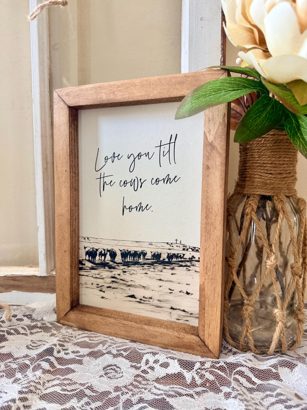 Love you until the cows come home wood framed canvas art, farmhouse wall decor, rustic wood sign,