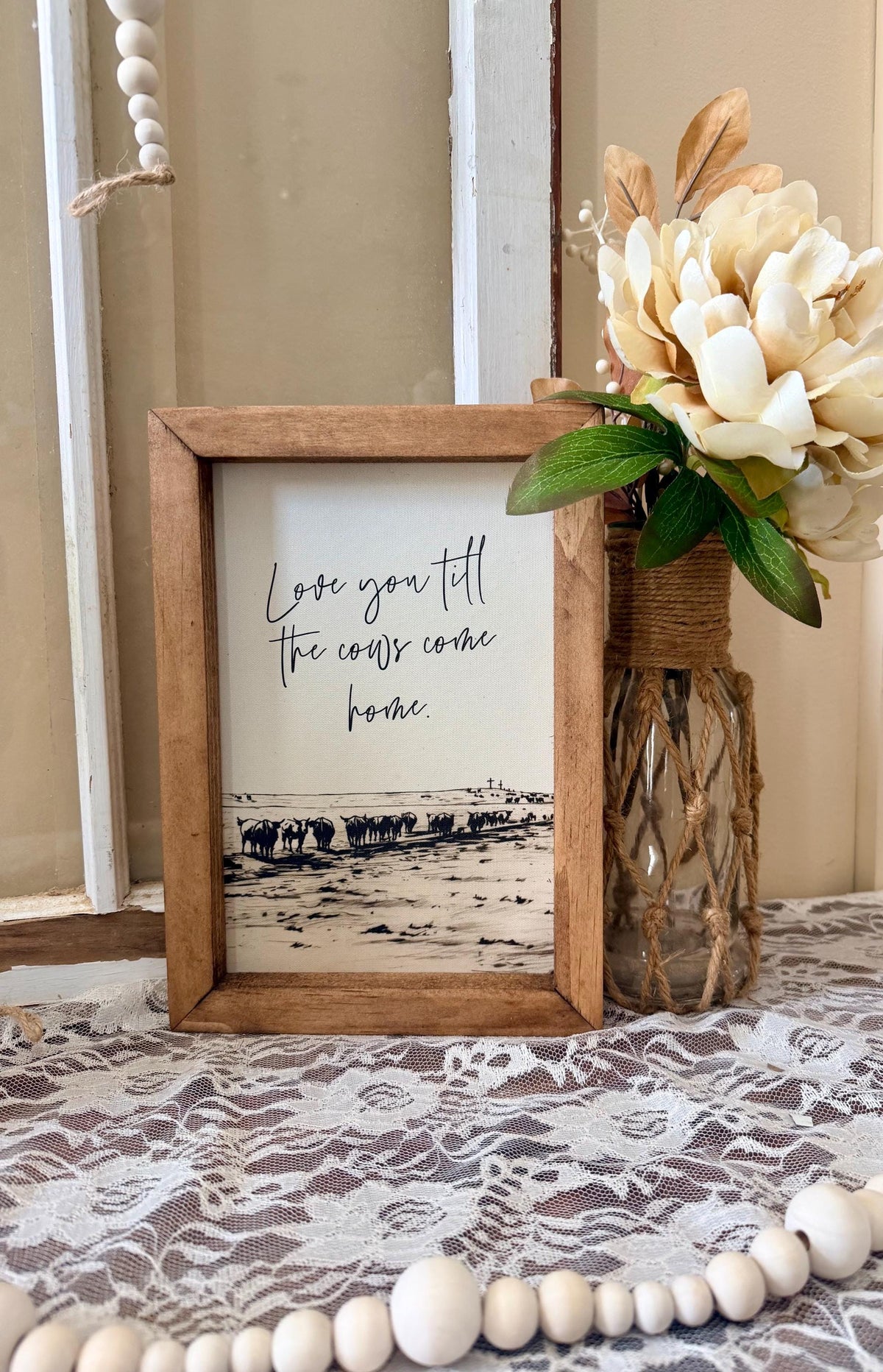 Love you until the cows come home wood framed canvas art, farmhouse wall decor, rustic wood sign,