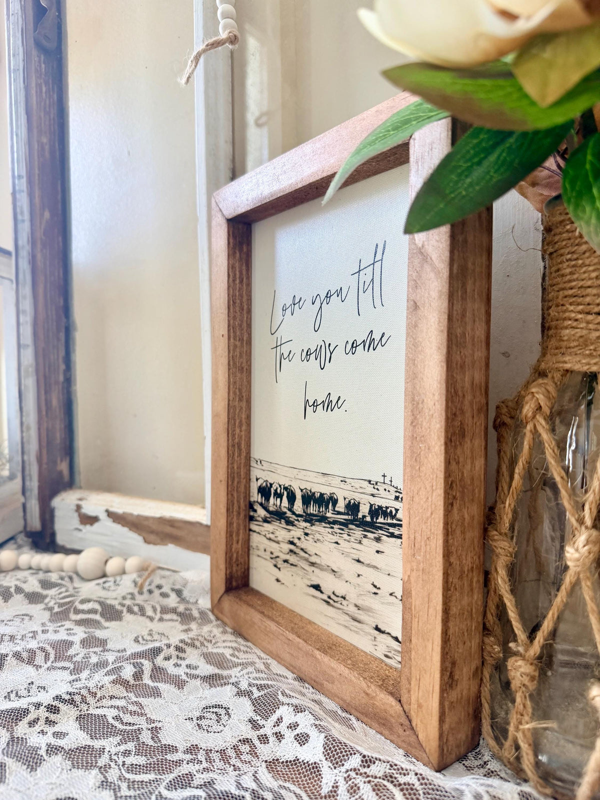 Love you until the cows come home wood framed canvas art, farmhouse wall decor, rustic wood sign,