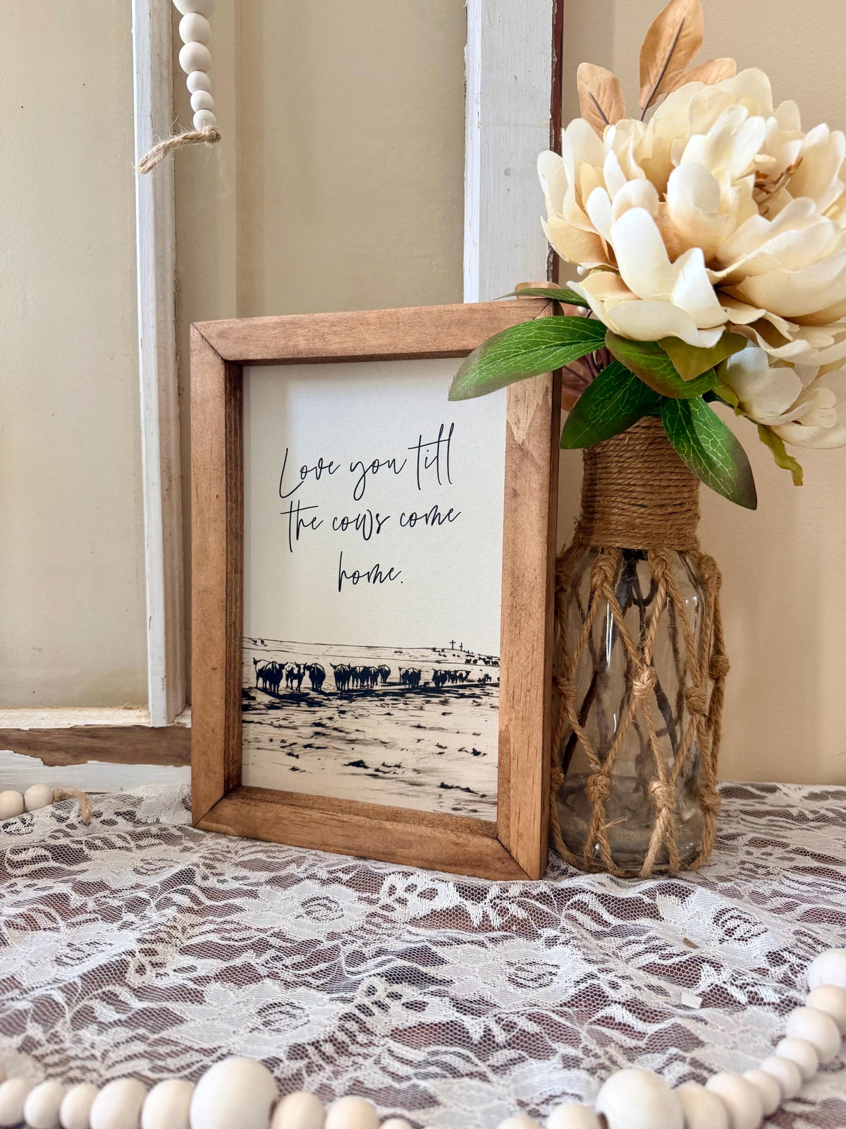 Love you until the cows come home wood framed canvas art, farmhouse wall decor, rustic wood sign,