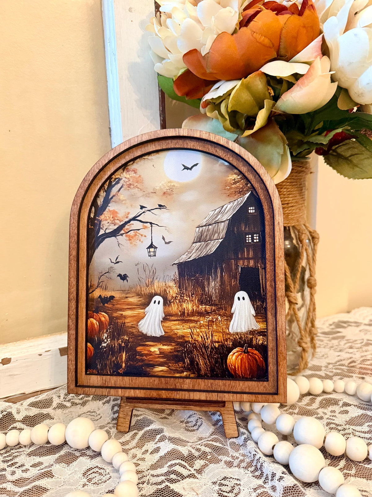 Rustic Halloween Wood Framed Arch Ghost Mini Sign - Spooky Cute Table Top Fall Decor
