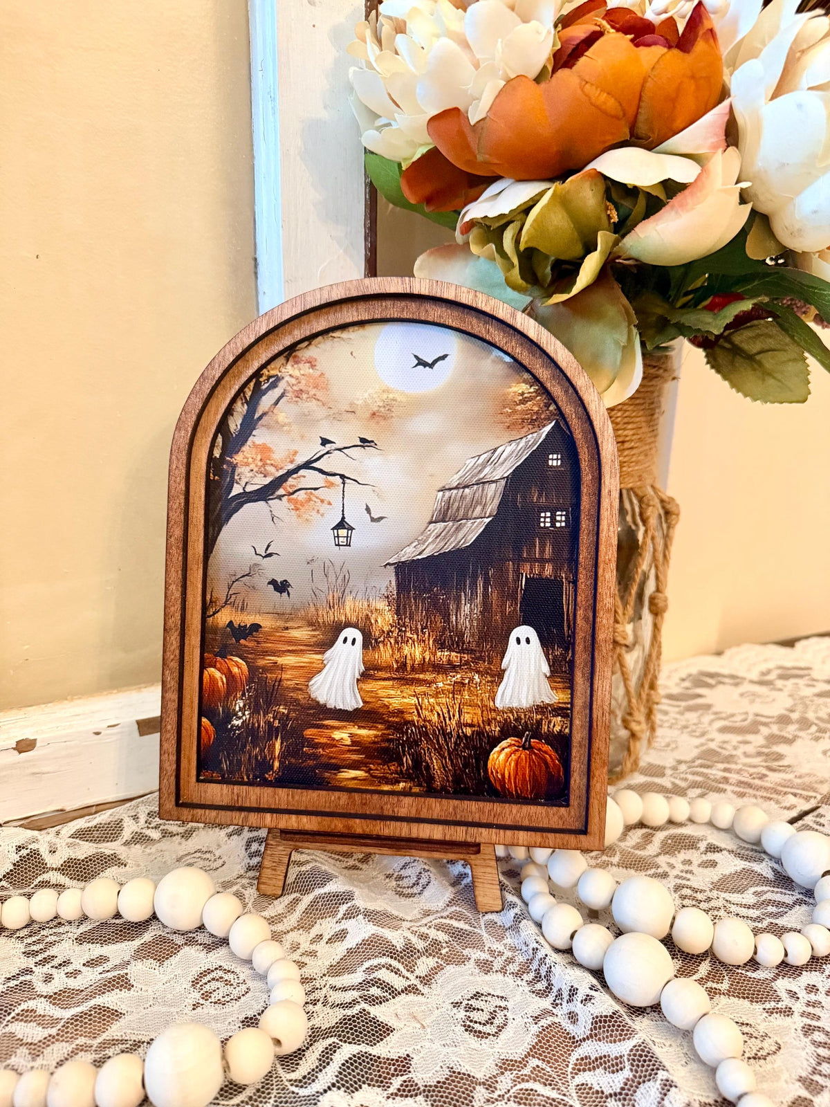 Rustic Halloween Wood Framed Arch Ghost Mini Sign - Spooky Cute Table Top Fall Decor