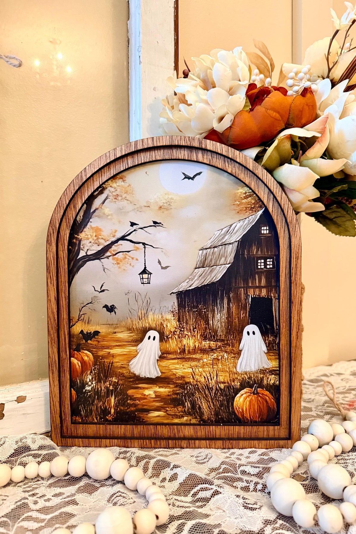 Rustic Halloween Wood Framed Arch Ghost Mini Sign - Spooky Cute Table Top Fall Decor
