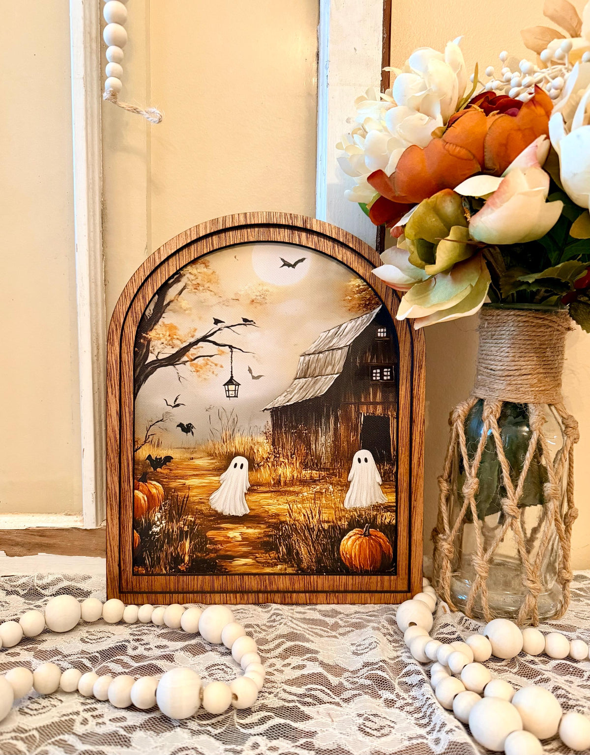 Rustic Halloween Wood Framed Arch Ghost Mini Sign - Spooky Cute Table Top Fall Decor
