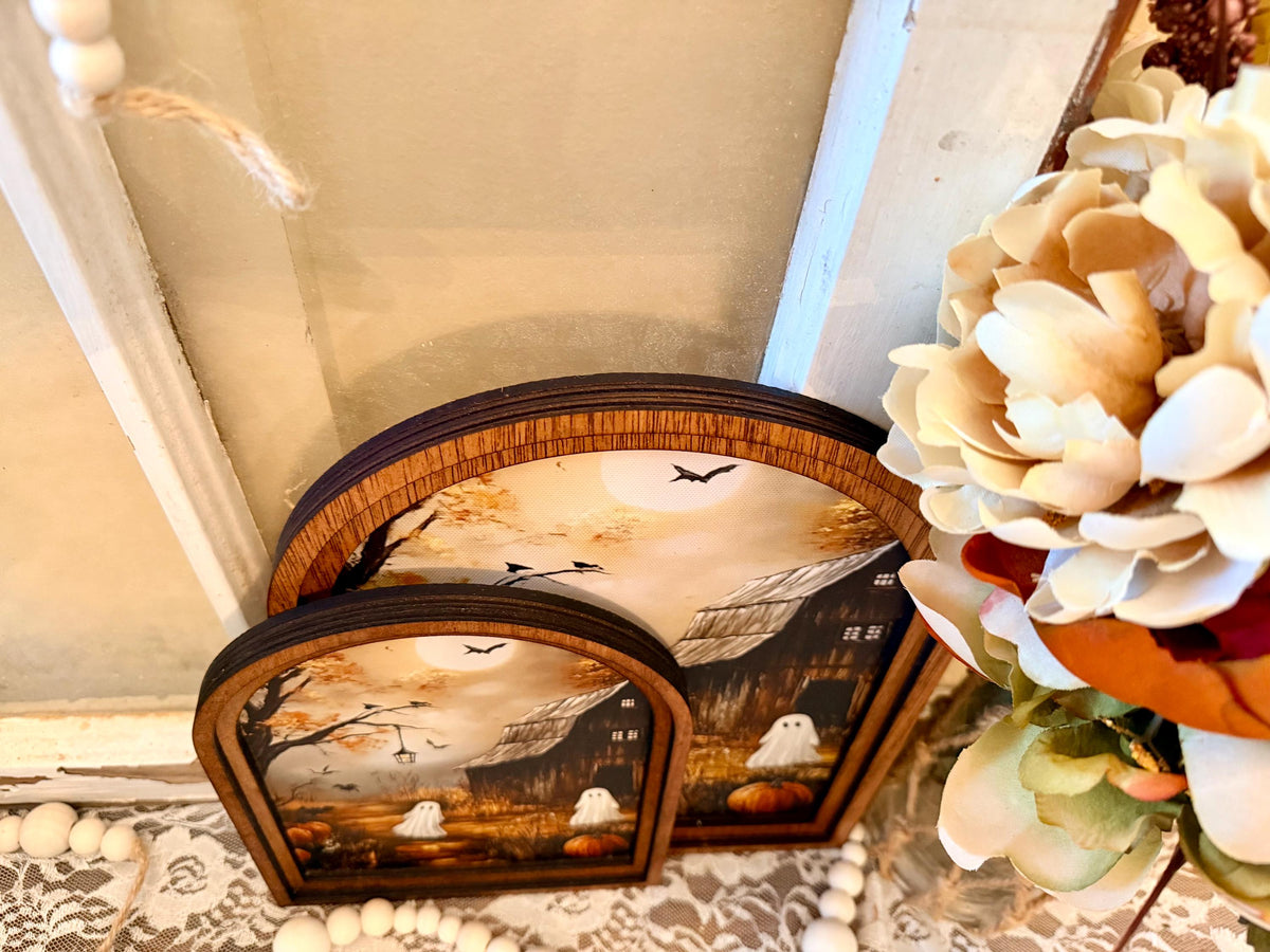 Rustic Halloween Wood Framed Arch Ghost Mini Sign - Spooky Cute Table Top Fall Decor