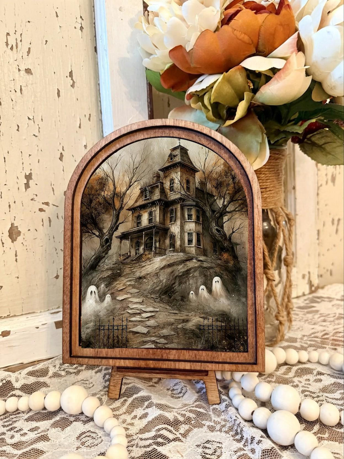 Rustic Halloween Wood Framed Arch Ghost Mini Sign - Spooky haunted house Table Top Fall Decor
