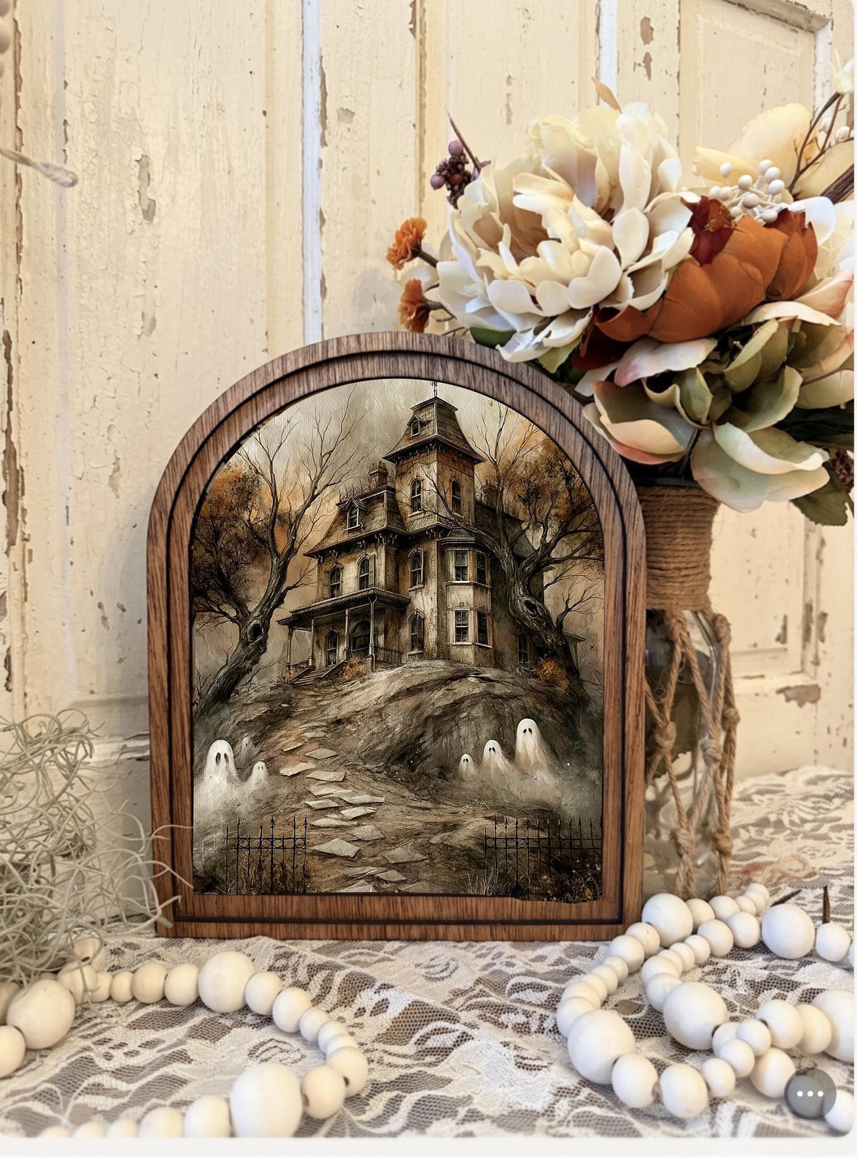 Rustic Halloween Wood Framed Arch Ghost Mini Sign - Spooky haunted house Table Top Fall Decor