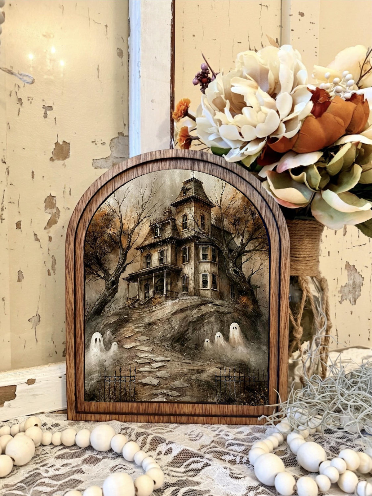 Rustic Halloween Wood Framed Arch Ghost Mini Sign - Spooky haunted house Table Top Fall Decor