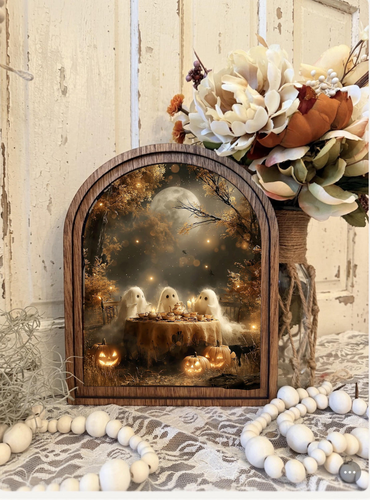 Rustic Halloween Wood Framed Arch Ghost Mini Sign, Spooky Ghost Fall Decor, Farmhouse Tiered Tray Tabletop Art