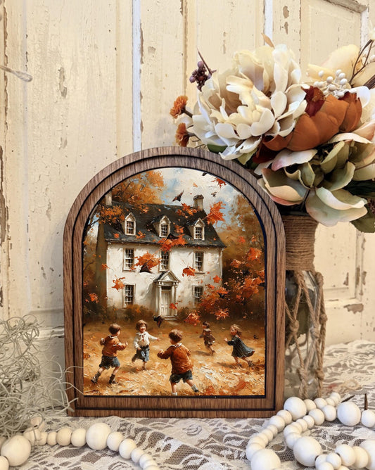 Autumn Cottage Wood Arched Framed Art, Cozy Fall Shelf Decor, Rustic Harvest Mantel Canvas Sign