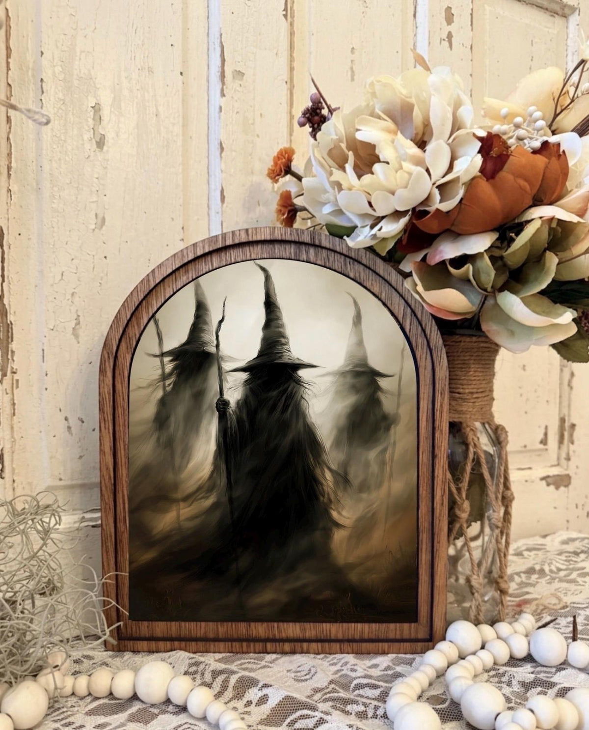 Wood Framed Arch Witchy Halloween Canvas Art Home Accent Decor