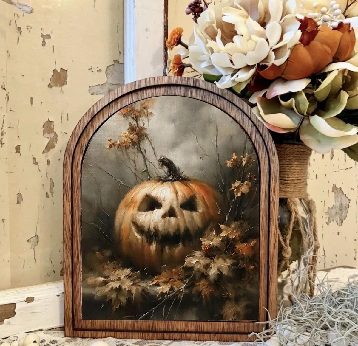 Wood Framed Arch Jack O Lantern Halloween  Canvas Art Home Accent Decor