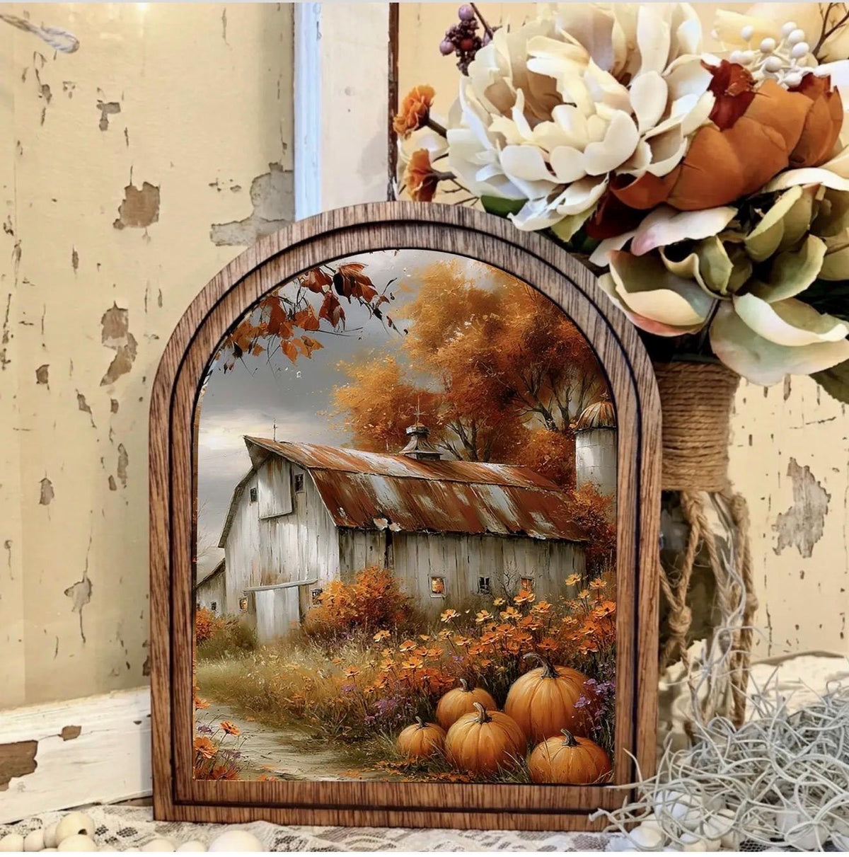 Wood Framed Arch Autumn Country Barn  Canvas Art Home Accent Decor