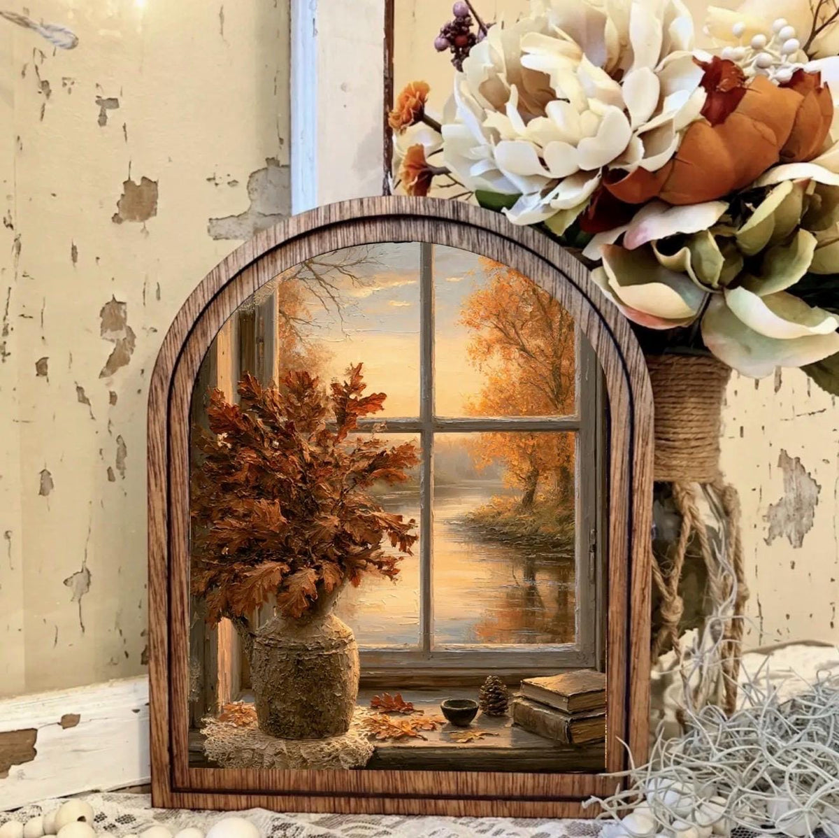 Wood Framed Arch Autumn Country Scene Canvas Art Home Accent Decor