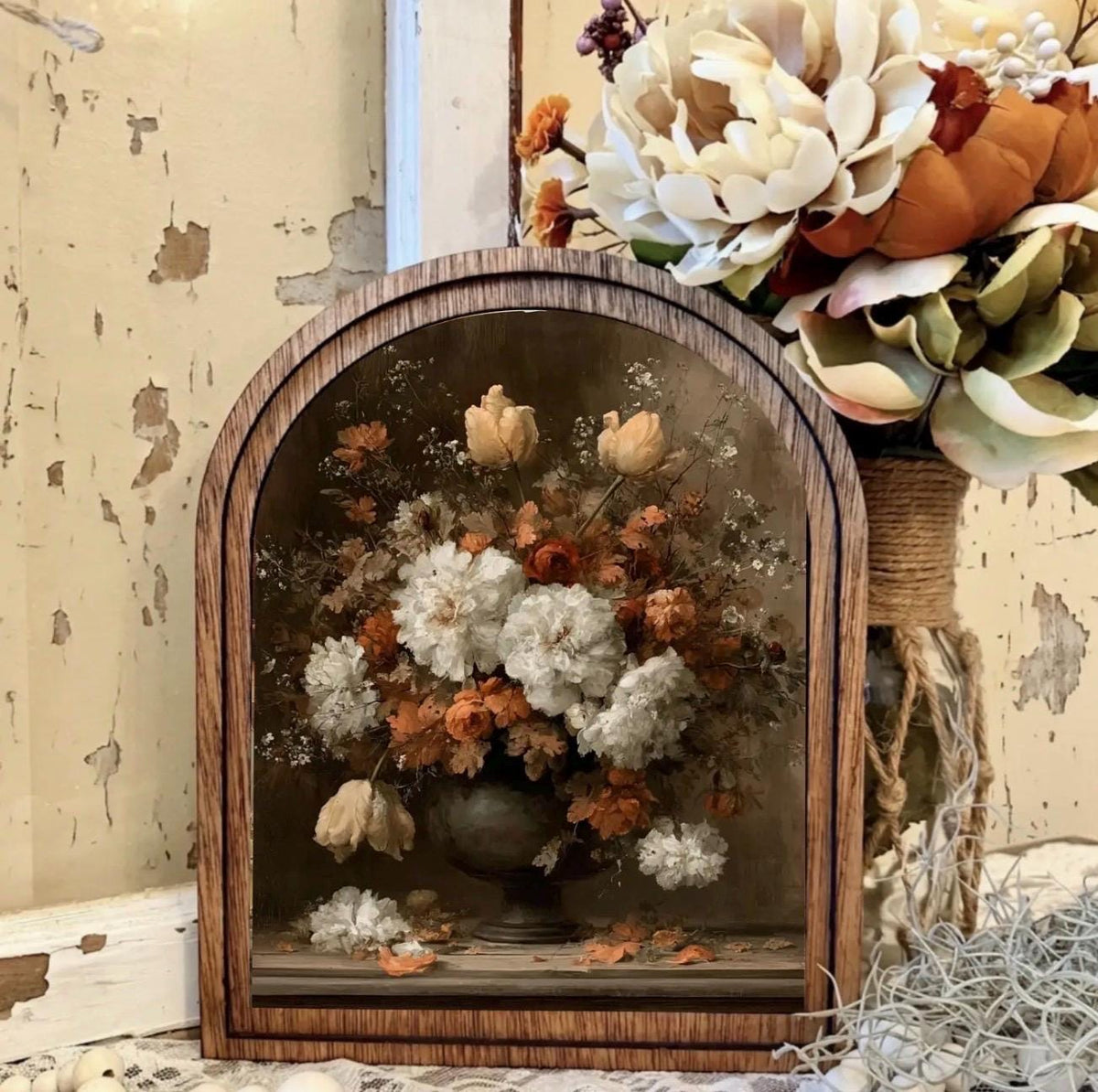 Wood Framed Arch Autumn Floral Scene Canvas Art Home Accent Decor