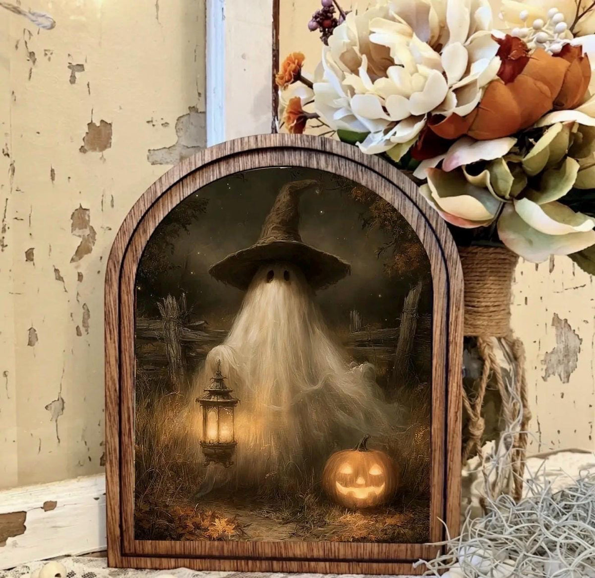 Wood Framed Arch Ghost Halloween Canvas Art Home Accent Decor