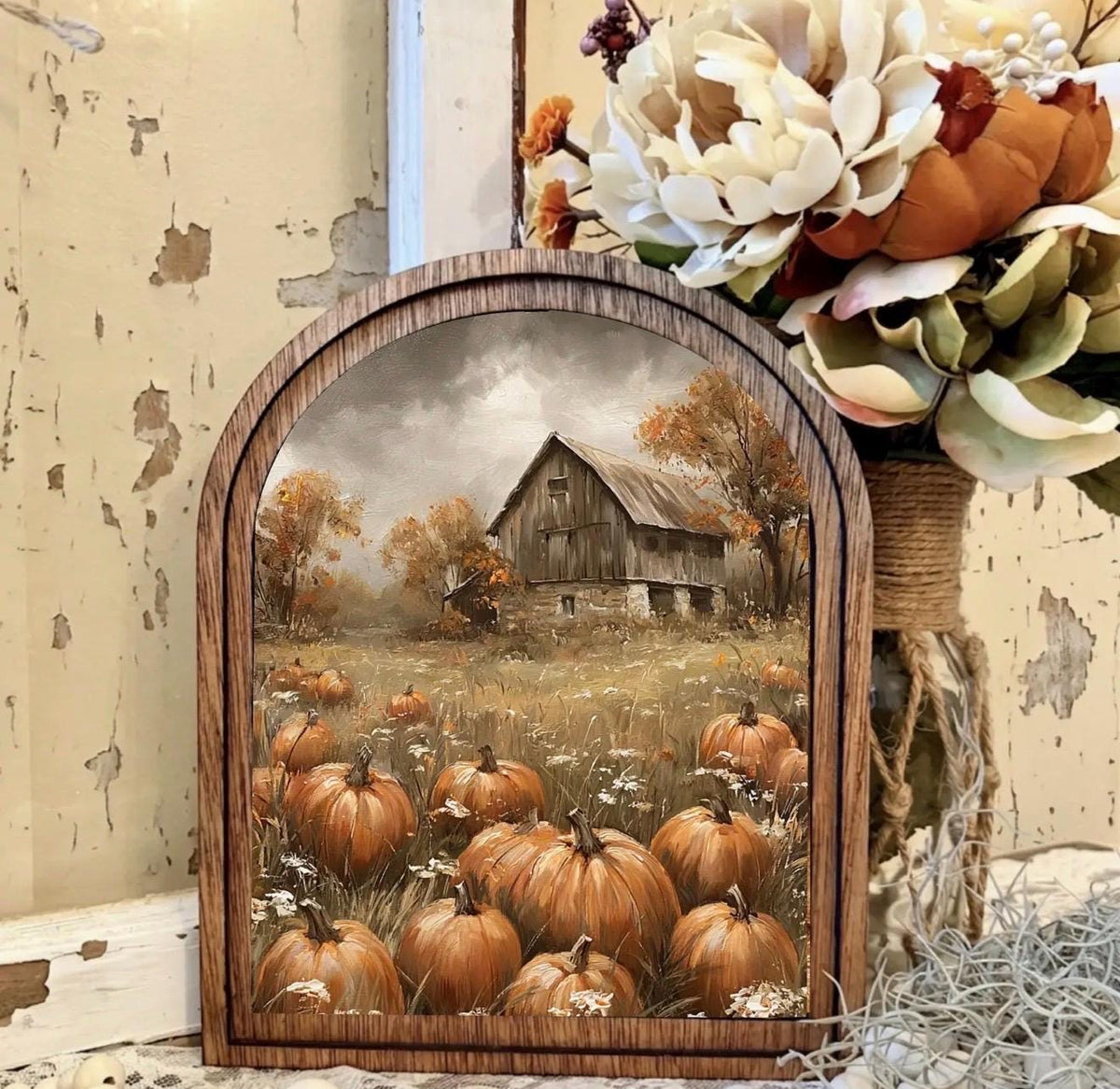 Wood Framed Arch Autumn landscape  Canvas Art Home Accent Decor