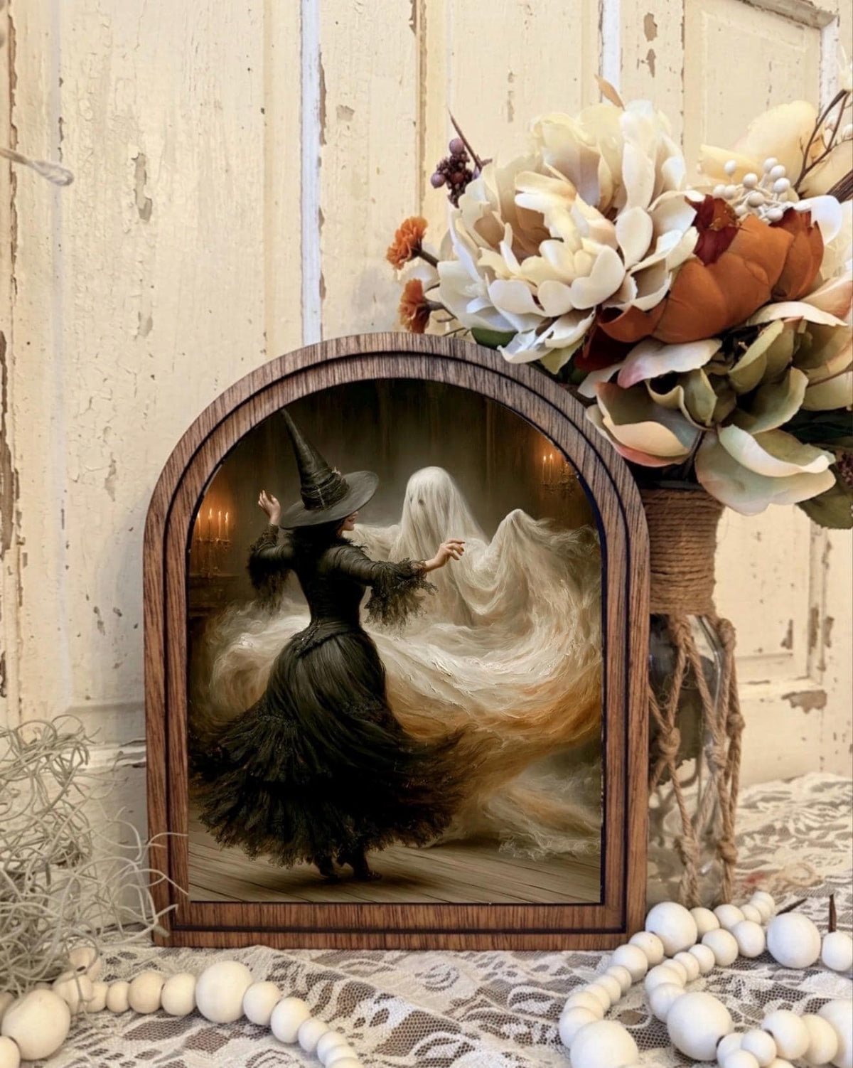 Wood Framed Arch Ghost and Witch  Canvas Art Home Accent Decor