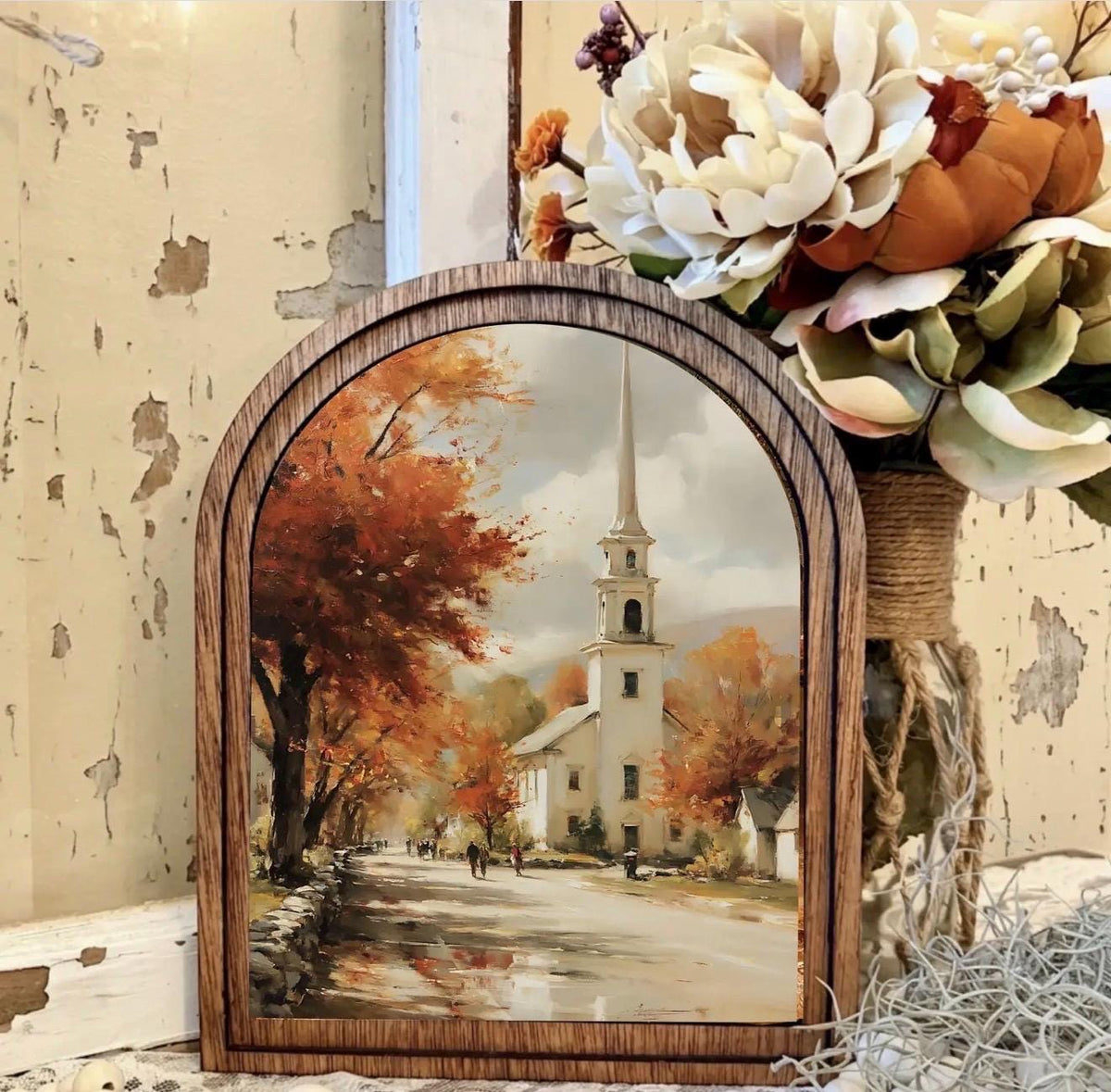 Wood Framed Arch Autumn Church Canvas Art Home Accent Decor