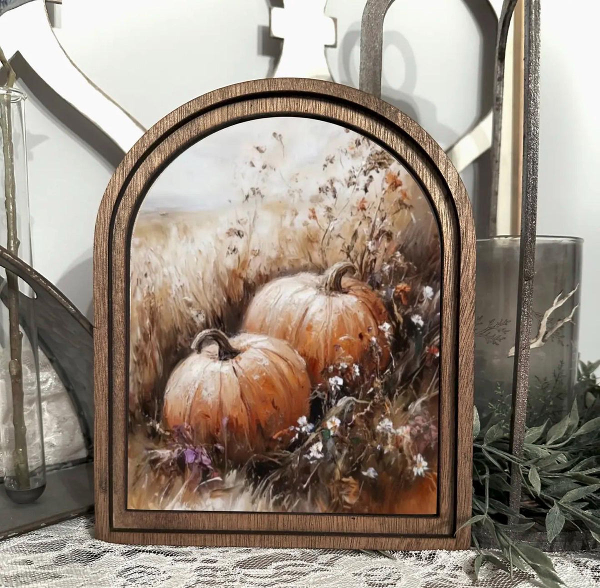 Wood Framed Arch Autumn Pumpkins Canvas Art Home Accent Decor