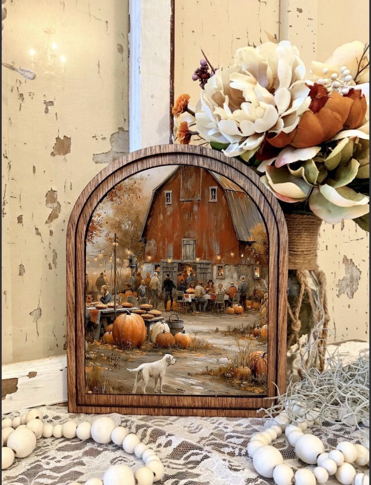 Wood Framed Arch Autumn Country Pumpkins Canvas Art Home Accent Decor