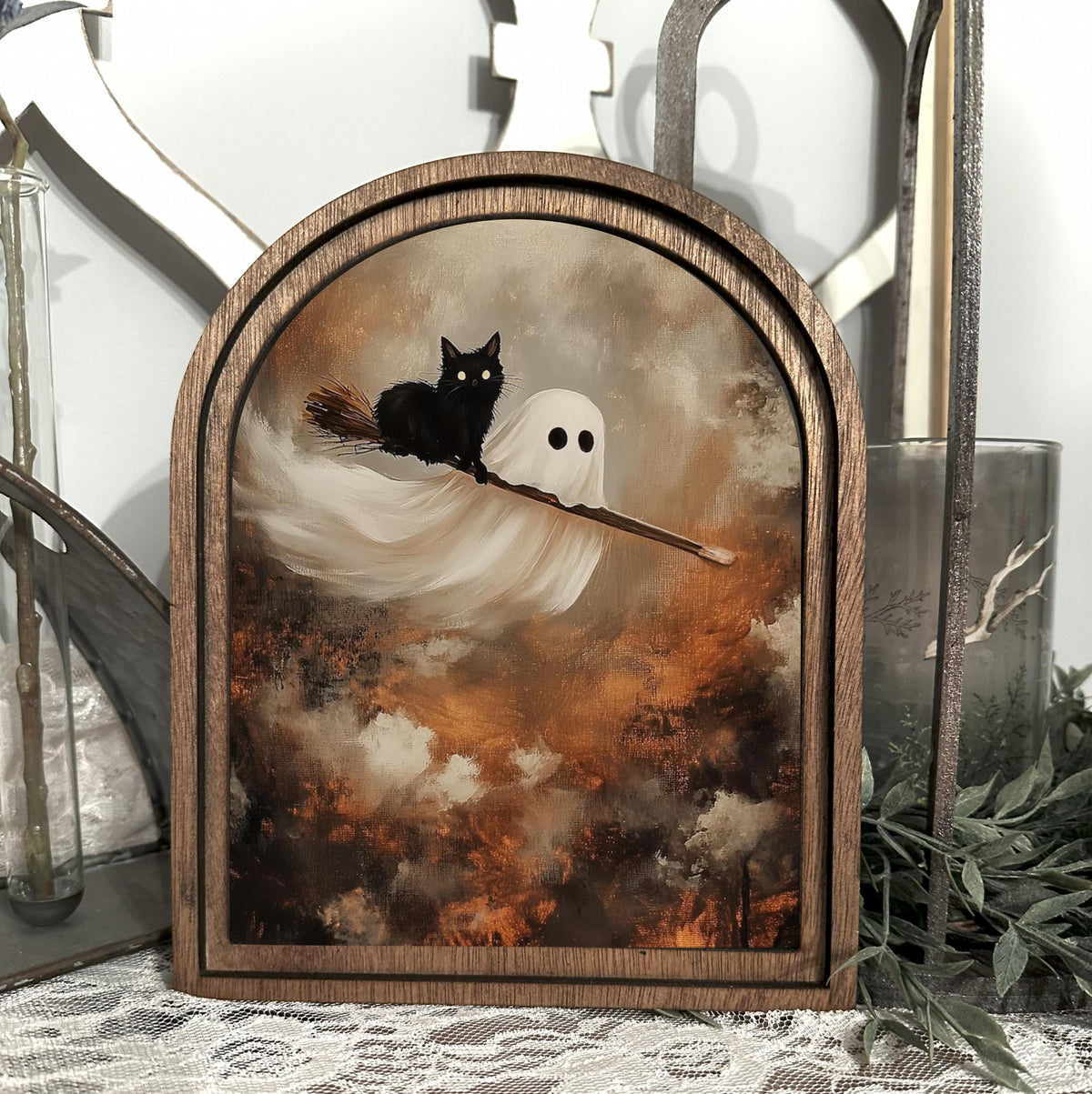 Wood Framed Arched Halloween Art Home Accent Decor