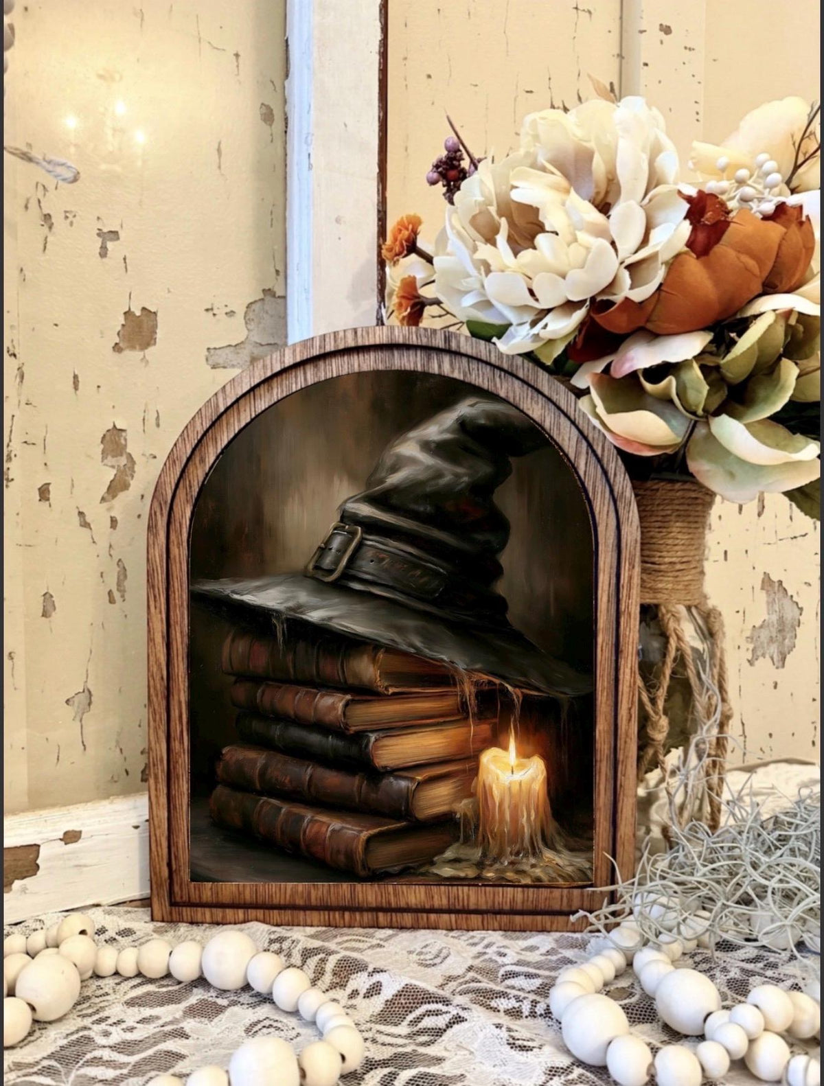 Wood Framed Arch Halloween Witch Library Bookish  Scene Canvas Art Home Accent Decor