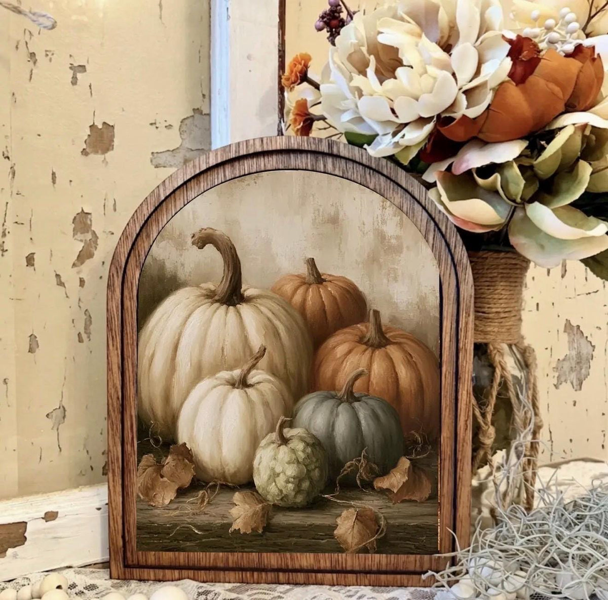 Wood Framed Arch Autumn Pumpkins Canvas Art Home Accent Decor
