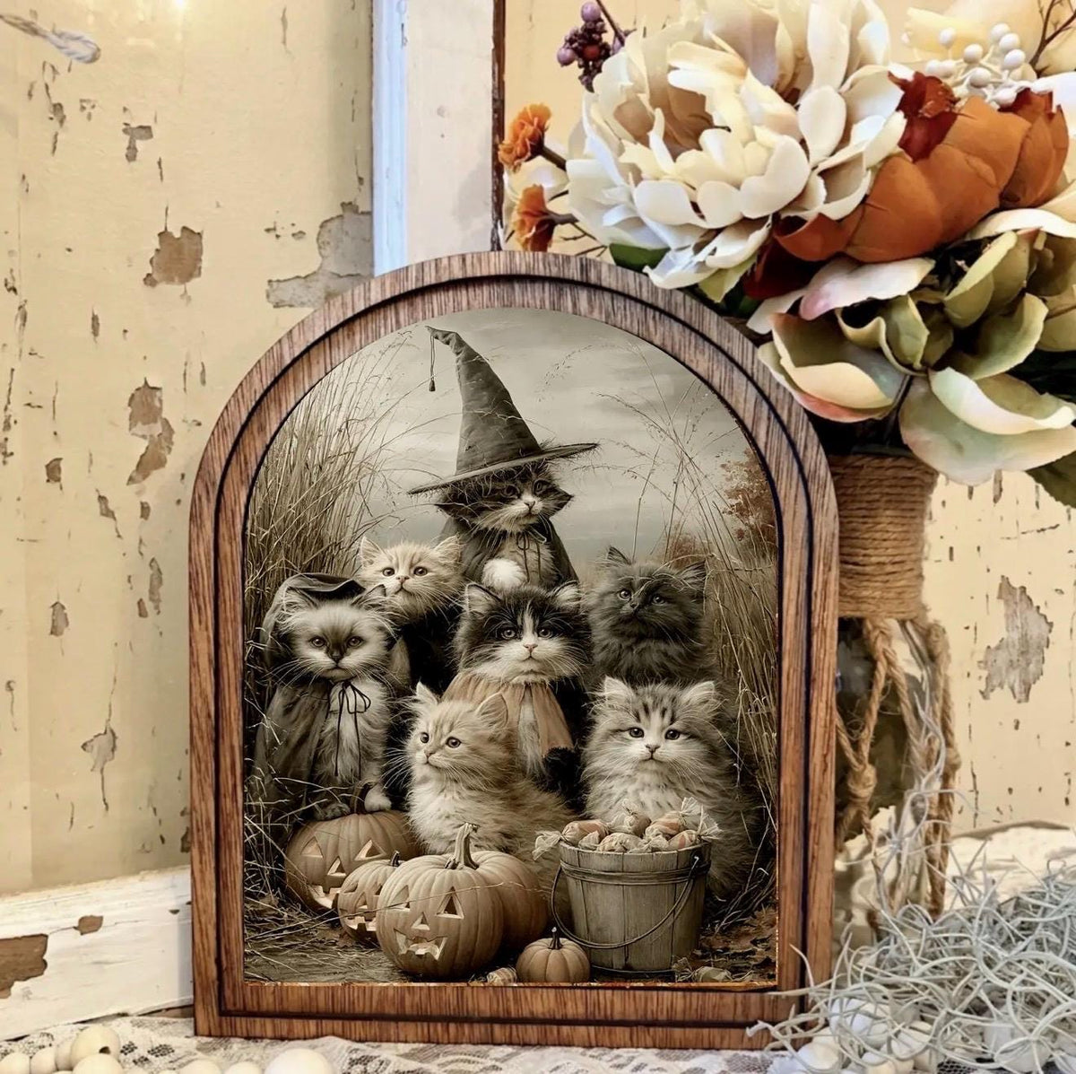 Wood Framed Arch Halloween Witchy Cats Canvas Art Home Accent Decor