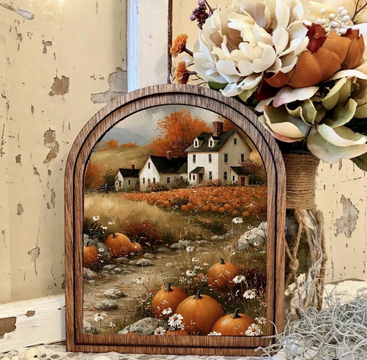 Wood Framed Arch Autumn Country Pumpkin Scene Ghost Canvas Art Home Accent Decor