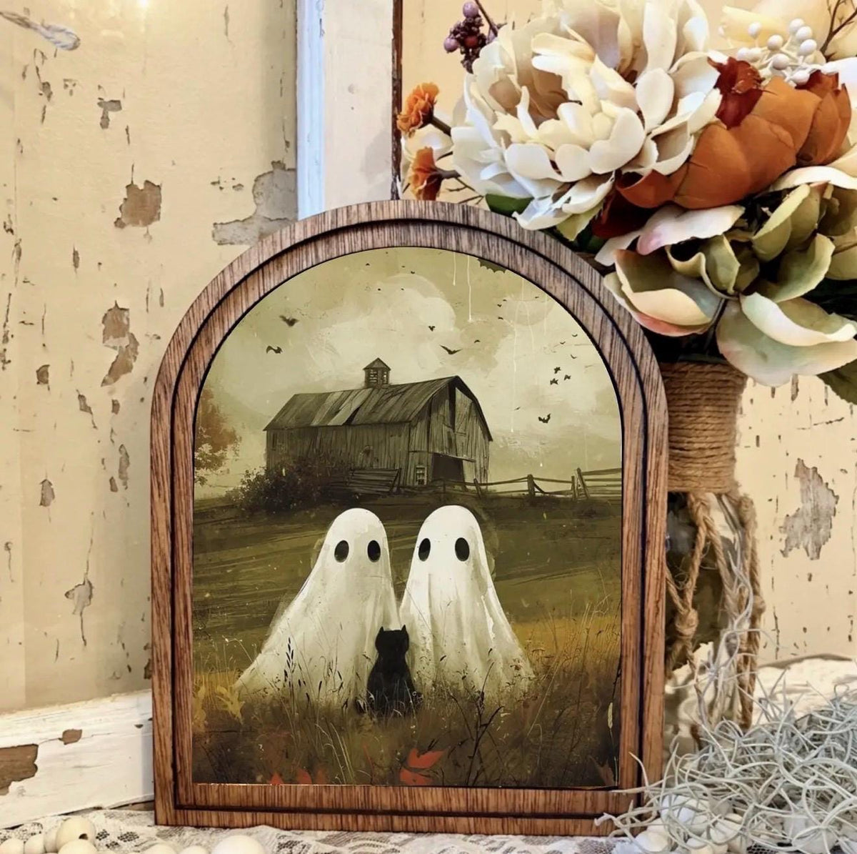 Wood Framed Arch Autumn Halloween Country Ghostly Cat  Scene  Canvas Art Home Accent Decor