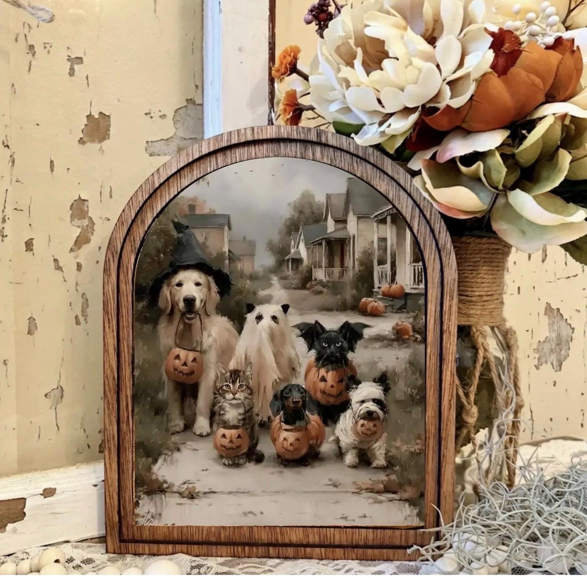 Wood Framed Arch Halloween Trick Or Treat Dogs Canvas Art Home Accent Decor