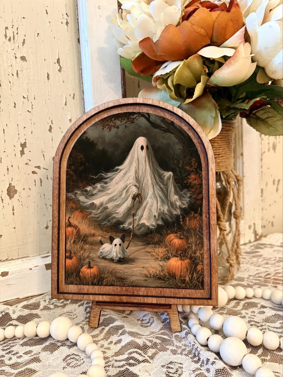 Wood Framed Arch Halloween Ghost Art Home Accent Decor