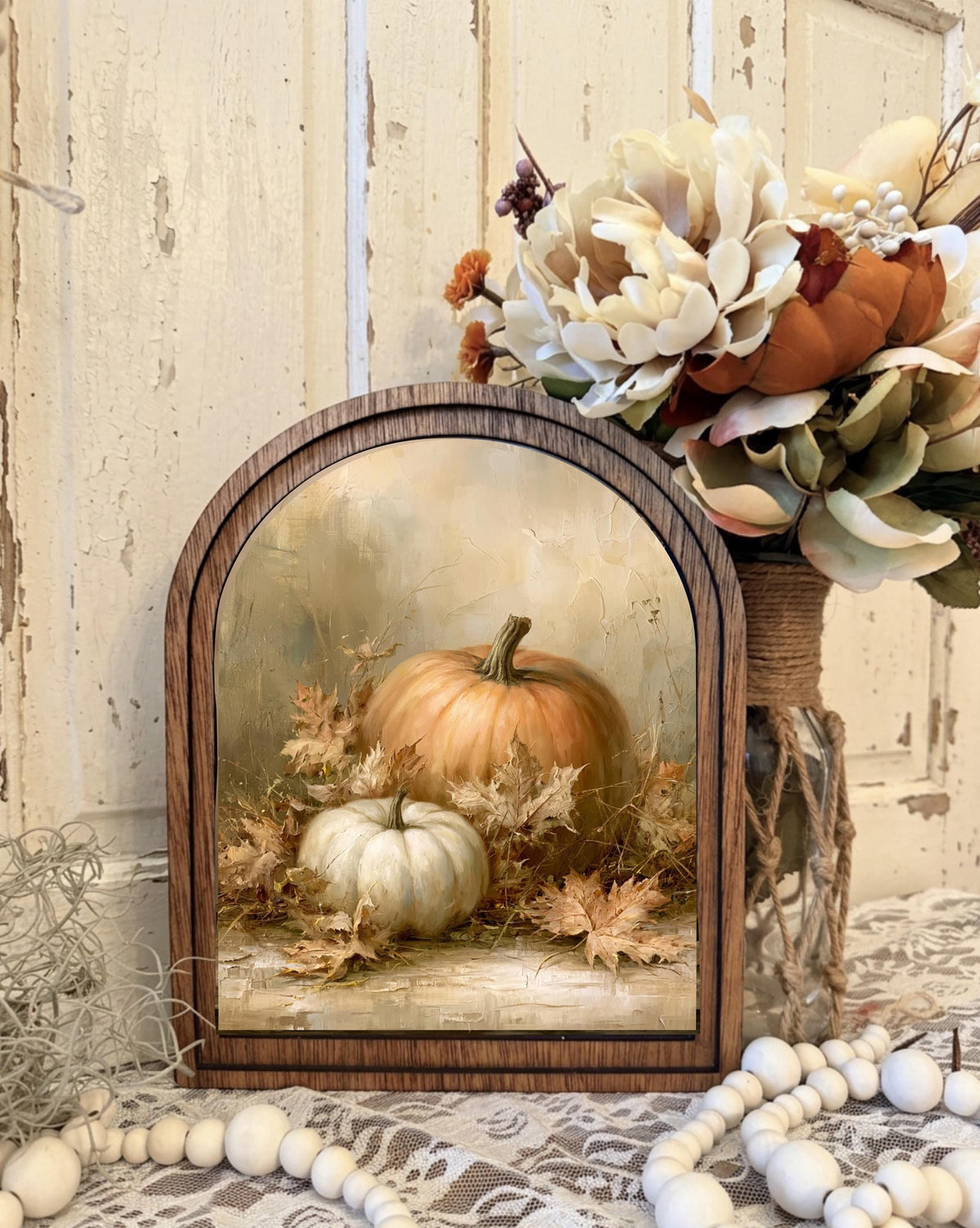 Wood Framed Arch Autumn Botanical Art Home Accent Decor