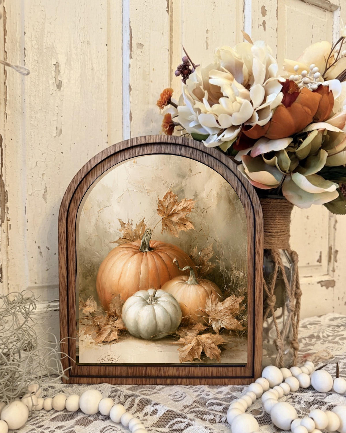 Wood Framed Arch Autumn Pumpkin Botanical Art Home Accent Decor