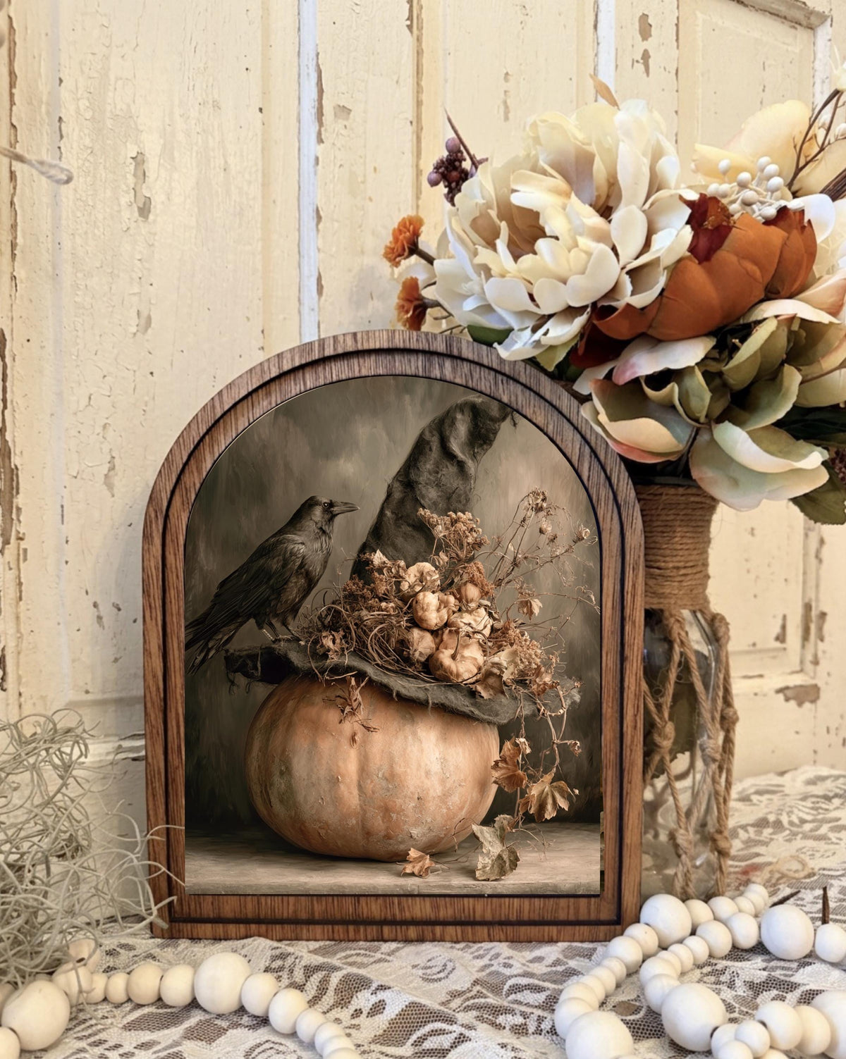 Wood Framed Arch Autumn Botanical Art | Fall Decor, Farmhouse Wall Sign, Cozy Country Mantel Shelf Decor, Neutral Fall Landscape