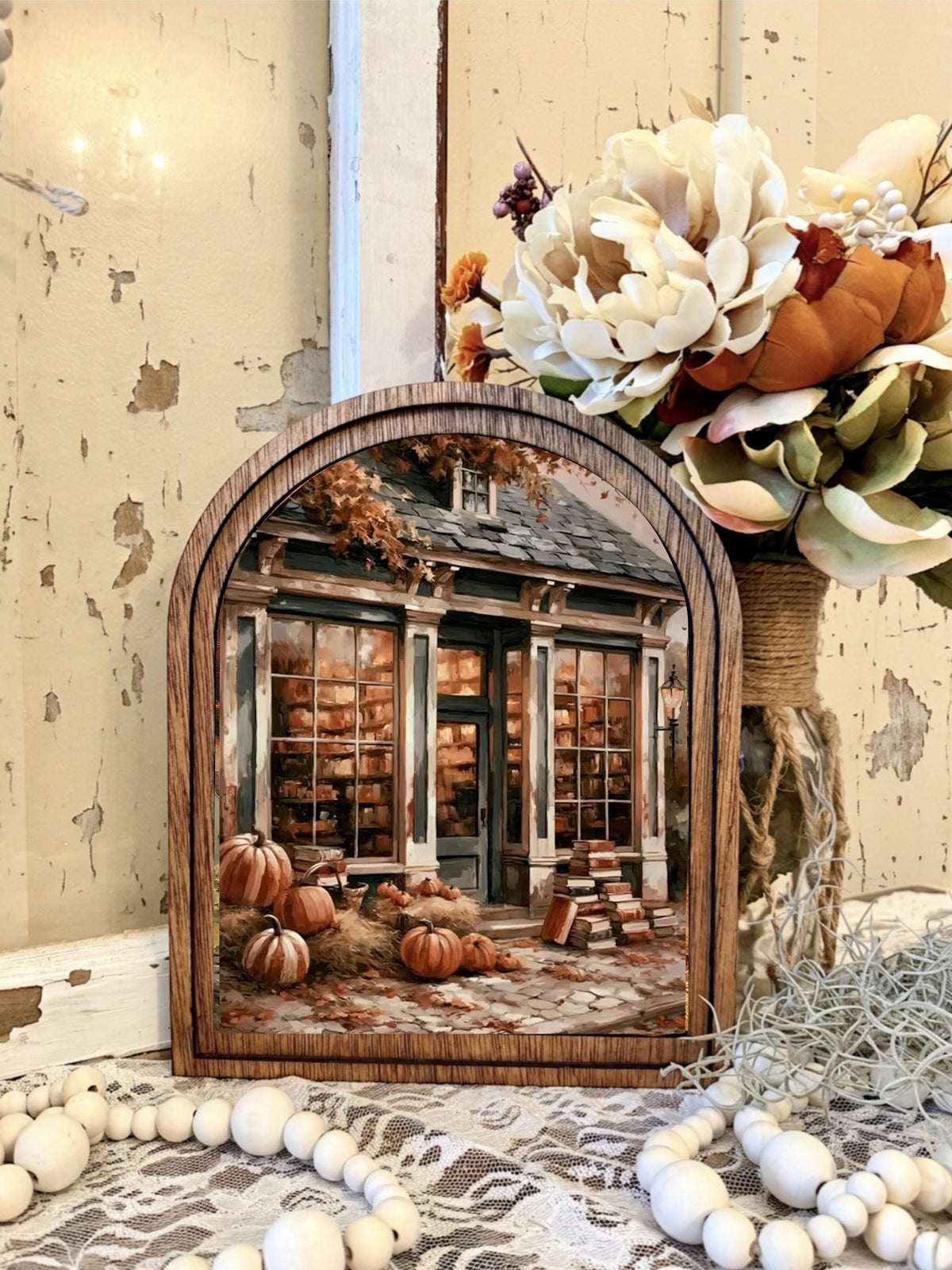 Autumn Bookstore Wood Arch Framed Canvas Home Decor Accent