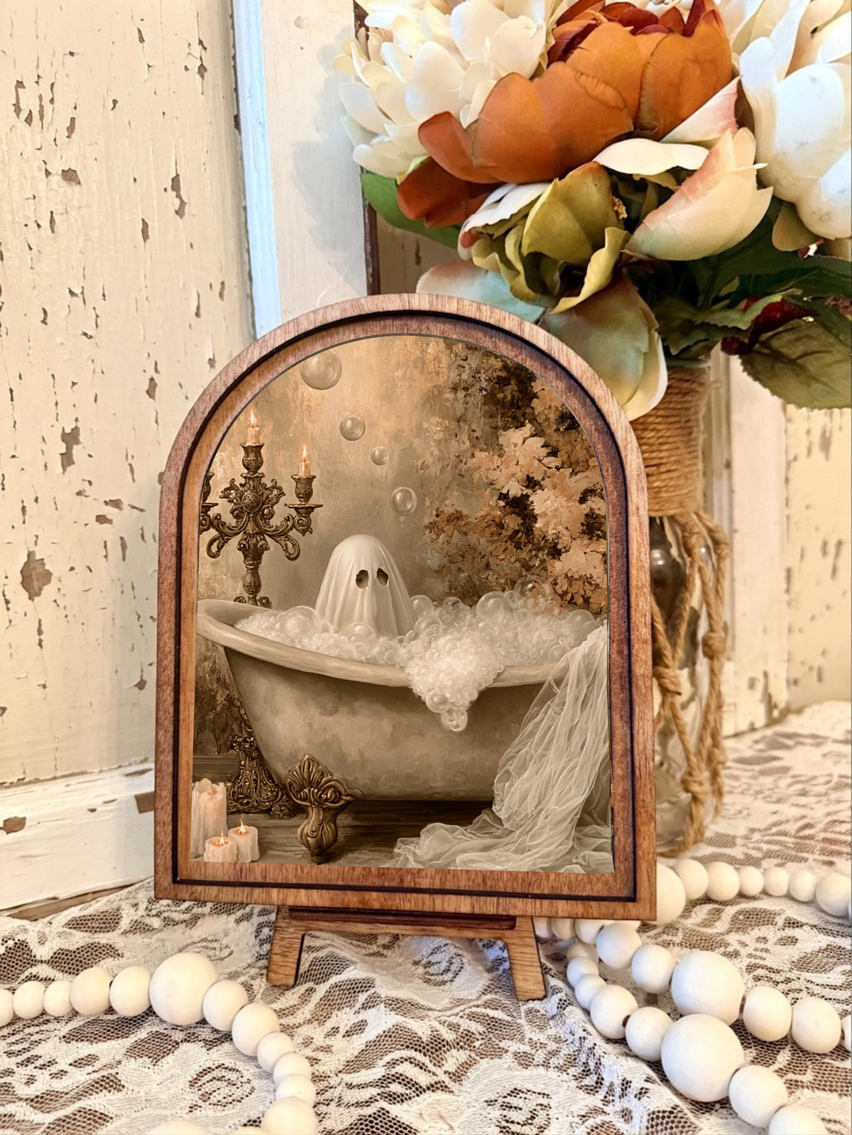 Wood Framed Arch Whimsical Ghost Bathroom  Art Home Accent Decor