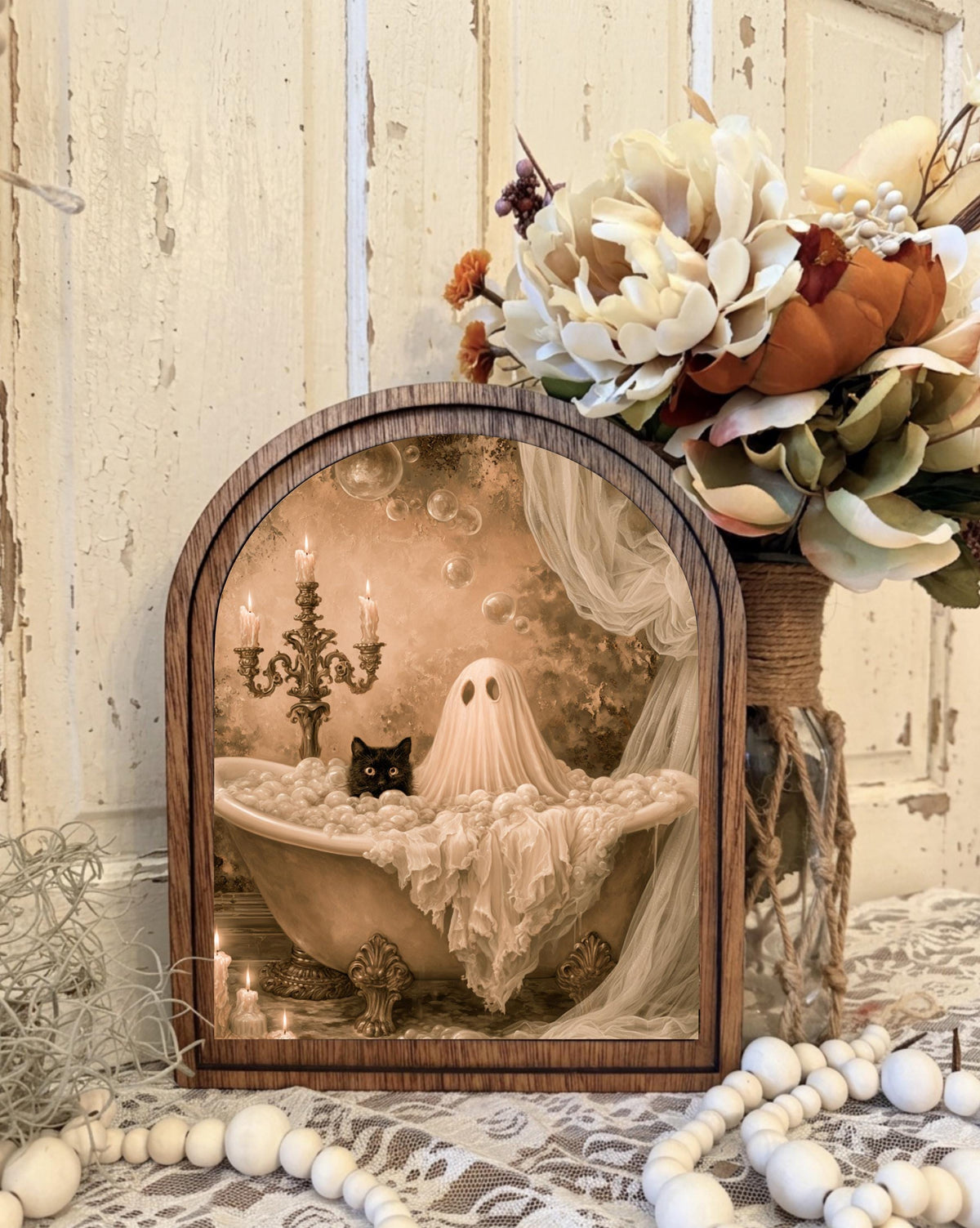 Wood Framed Arch Whimsical Ghost Bathroom  Art Home Accent Decor