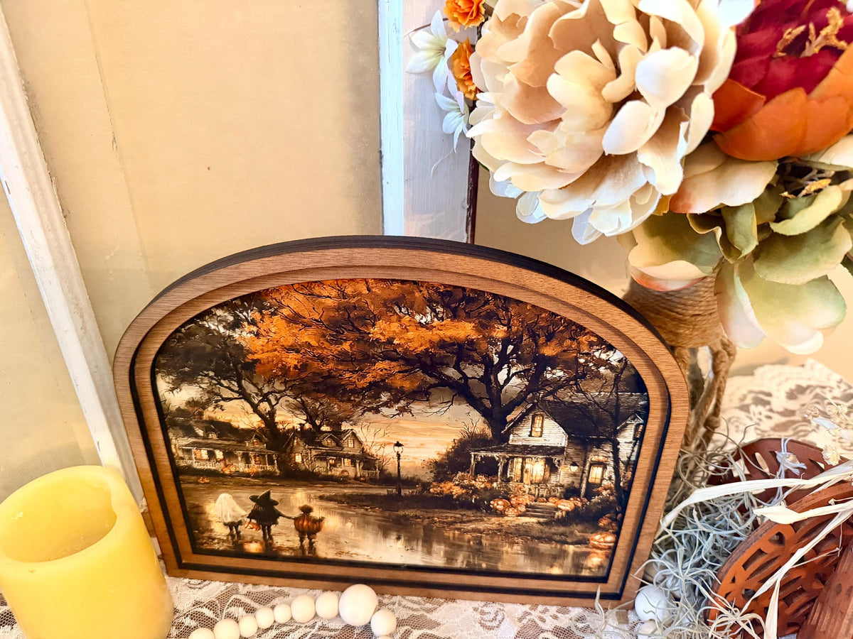 Rustic Halloween Wood Framed Arch Trick Or Treat Fall Decor Sign, Farmhouse Tiered Tray Tabletop Art