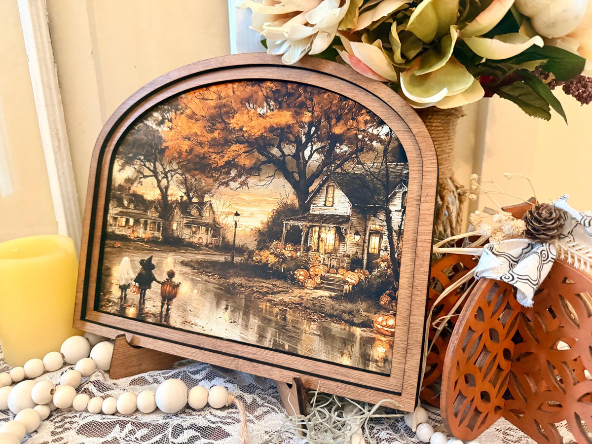 Rustic Halloween Wood Framed Arch Trick Or Treat Fall Decor Sign, Farmhouse Tiered Tray Tabletop Art