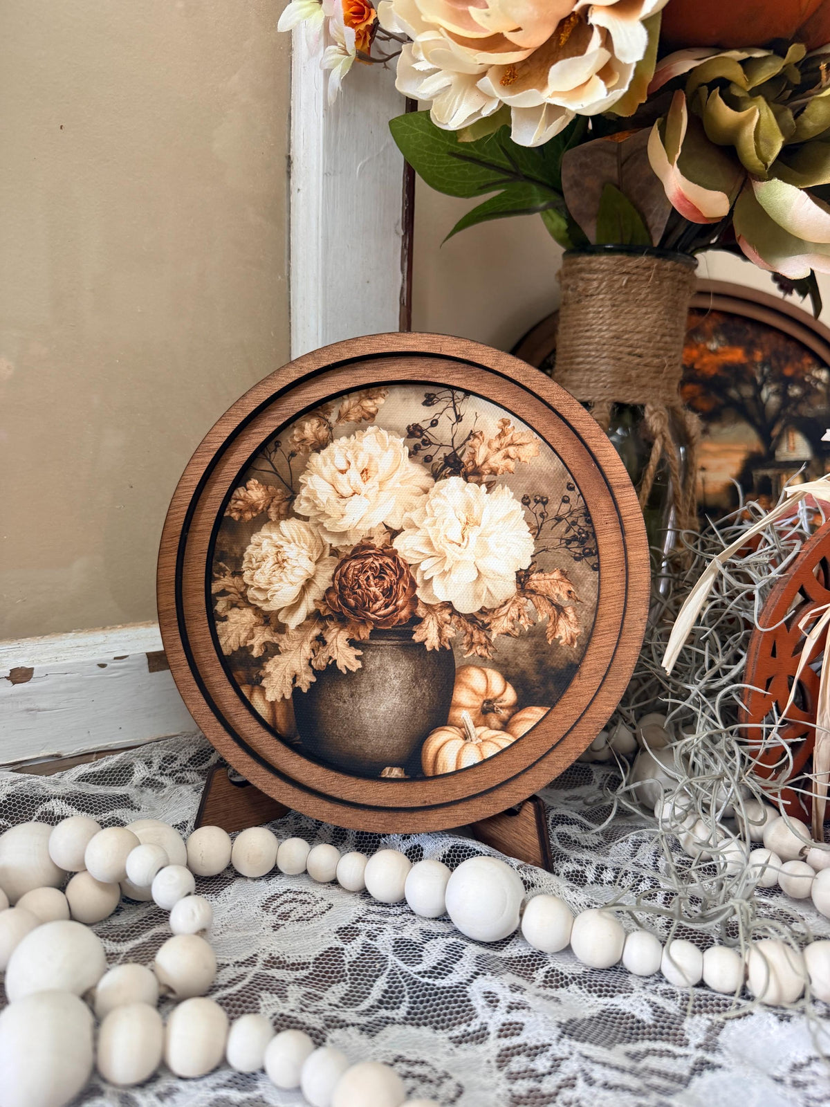 Halloween Mini Round Sign – Autumn Farmhouse Floral Vase mini Framed Canvas Art