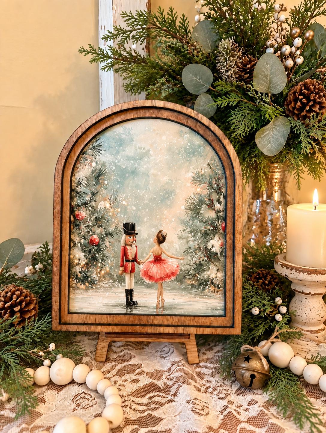Wooden Arch Framed Nutcracker Winter Scene Decor | Wood Frame Canvas Art | Holiday Home Accent | Christmas Themed Wall Hanging
